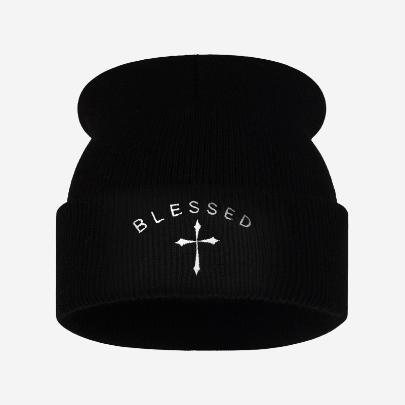 Beanie Cuffed Knit - Blessed Cross Embroidered Beanie, Winter Cuffed