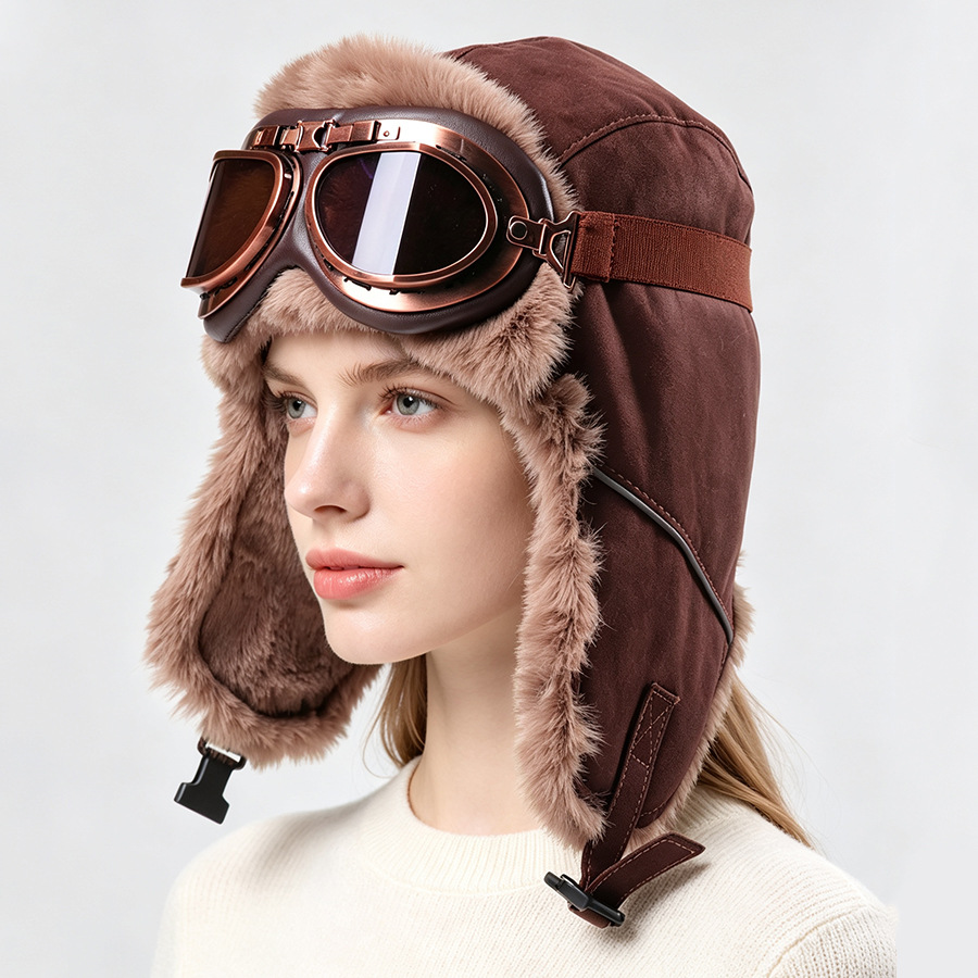 Winter Trapper Hat - Vintage Aviator Hat with Goggles Thick
