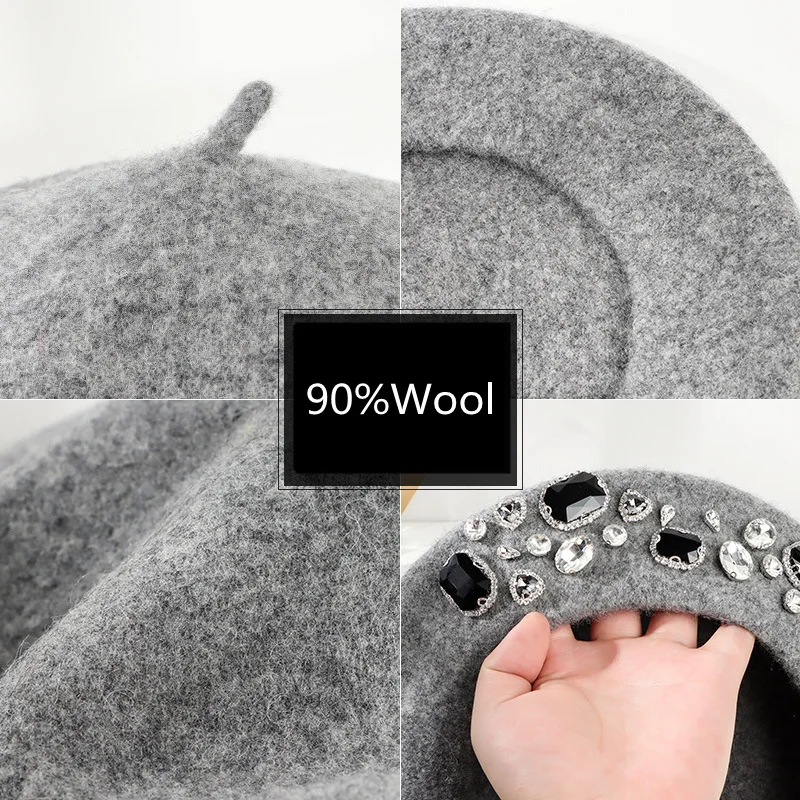 French Beret Thick Rhinestone  - Beret French Wool review and price